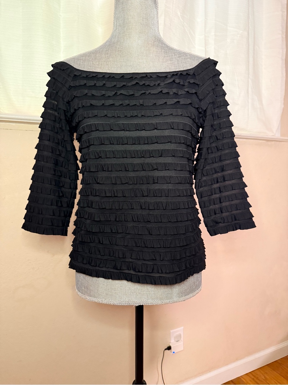 Frank Lyman Black Ruffle Stripe Top